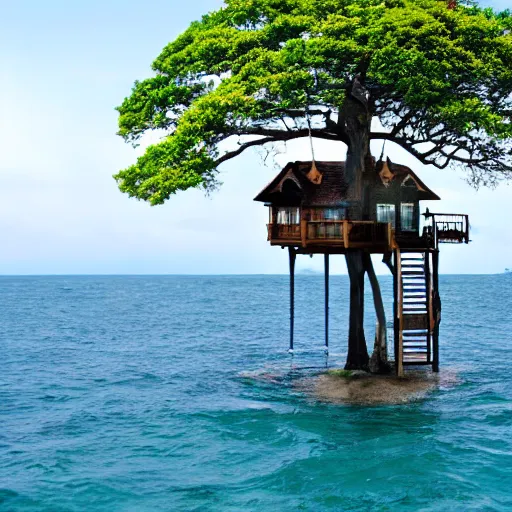 Image similar to a tree with a tree house in it in the ocean