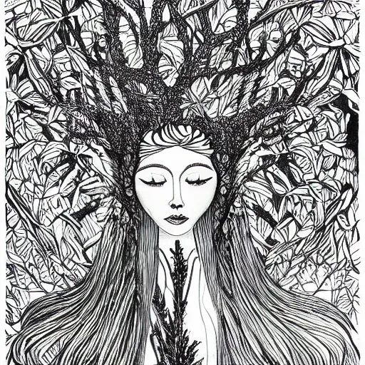 Image similar to goddess of the forest, ink drawing, black ink illustration, by a very talented artist, award winning, intricate detail, mysterious