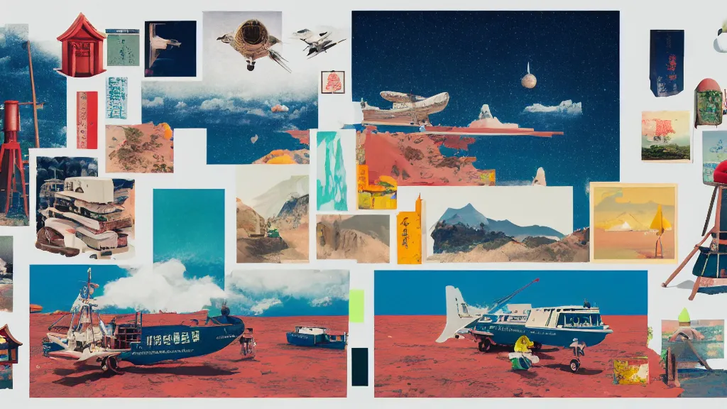 Prompt: an arrangement of explorer traveller props, kyushu japan, a collage painting, in the style of wes anderson, lola dupre, david hockney, isolated on negative white space background dark monochrome neon spraypaint accents volumetric octane render