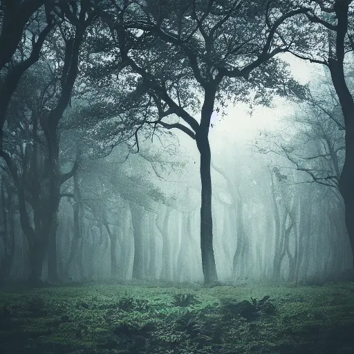 Prompt: A landscape shot of a mystical dark forest. A giant oak tree is in the middle of the forest. The forest has a lot of vibrant plants, art by Samantha Kung