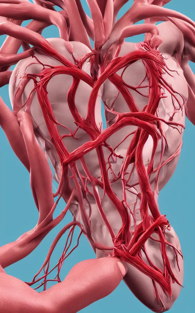 Prompt: intricated scientific medical 3d animation of the muscles and veins of a crushed big arterie with a heart in their hands photography 3d octane plastic render greenchromakey