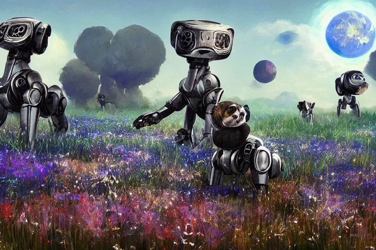 Prompt: robot dogs playing in a field of flowers, blue sky, huge moons by phil foglio and greg rutkowski and james gurney, trending on artstation, hdr, highly detailed