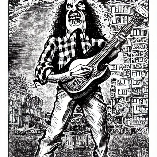 Image similar to a Pop Wonder scary horror themed goofy-hilarious-character r-Crumb, dime-store-comic drawn with charcoal and pen and ink, half-tone-line-stacking