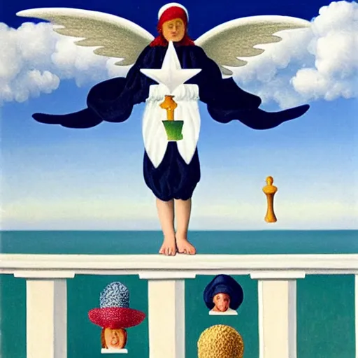 Image similar to An angel with jester hat and clothes on the front of a Balustrade with a beach on the background, major arcana cards, by Rene Magritte, hyperrealistic