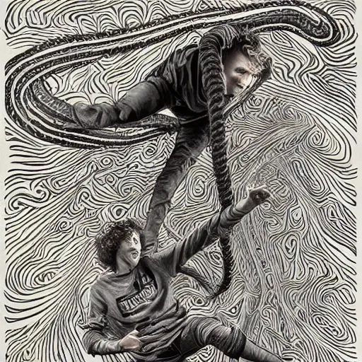 Prompt: Adam Ondra, portrait, style alex gray, style dan hillier, dmt background, hyperrealistic, snake climbing ropes