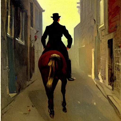 Prompt: painting of a man on a horse in a Dublin alleyway, painted by George Bellows, 1905