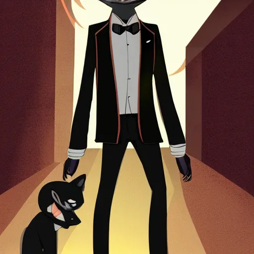 Image similar to a black anthropomorphic male fox furry wearing a fancy suit in the city at sunset, modern anime style