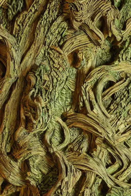 Prompt: studio shot of an intricate wood twisting statue, intricate mathematical shape, professional, textured wood, scratched metal, well lit professional photo, chromatic, colourful moss, mossy wood, HD photography, 4k