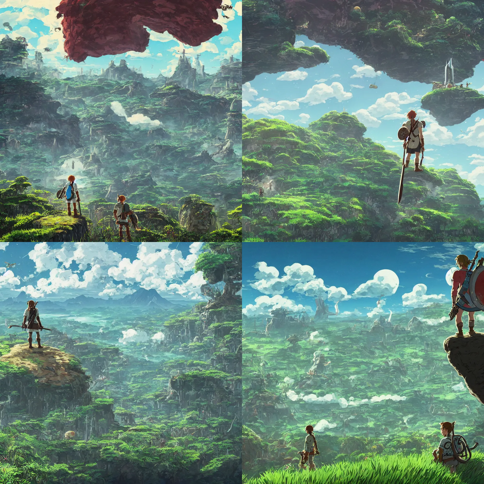 Prompt: huge organic elon musk in the distance amidst massive island cliffs with forest and fields, epic clouds, high detail, mononoke, breath of the wild, studio ghibli, in the style of hayao miyazaki
