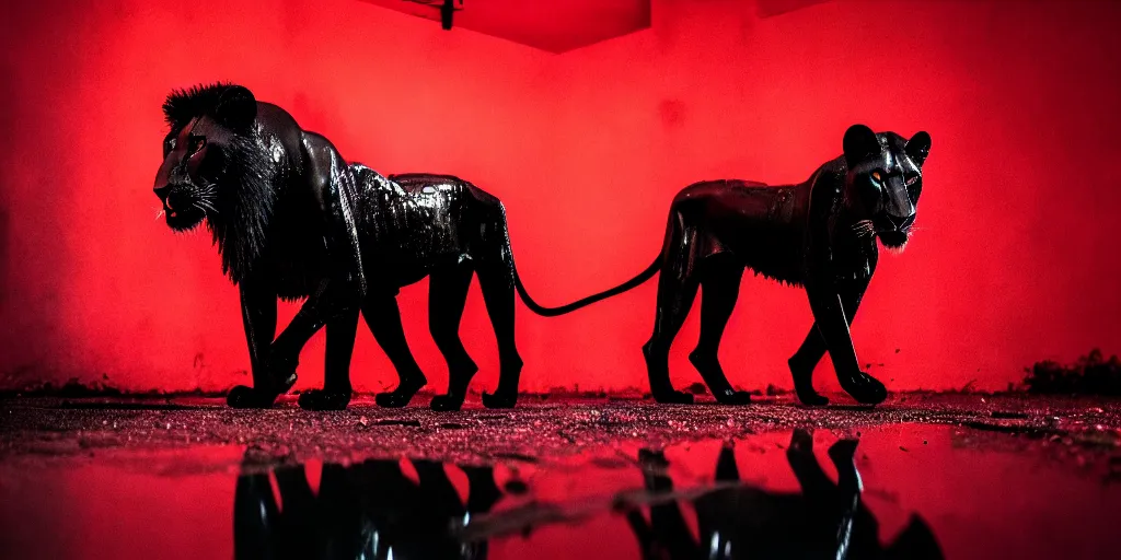 Prompt: the black lioness made of ferrofluid, stalking prey in the jungle at night, viscous, sticky, dripping black goo, dripping goo, sticky black goo. photography, dslr, reflections, black goo, rim lighting, red light, cinematic light, horror, contrast, volumetric, neon, tar puddles