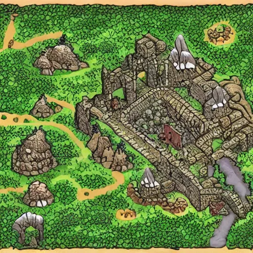 Image similar to map of a dungeon in a forest, isometric, detailed, game, dungeons and dragons