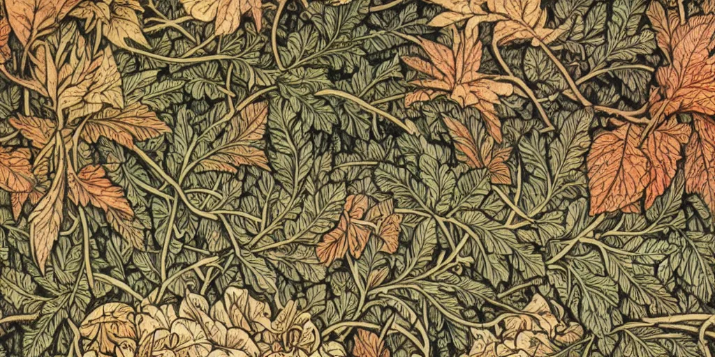 Image similar to breathtaking detailed concept art painting of goddesses of autumn, vintage illustration pattern with bizarre compositions blend of plants and stems and leaves by william morris, exquisite detail, extremely moody lighting, 8 k