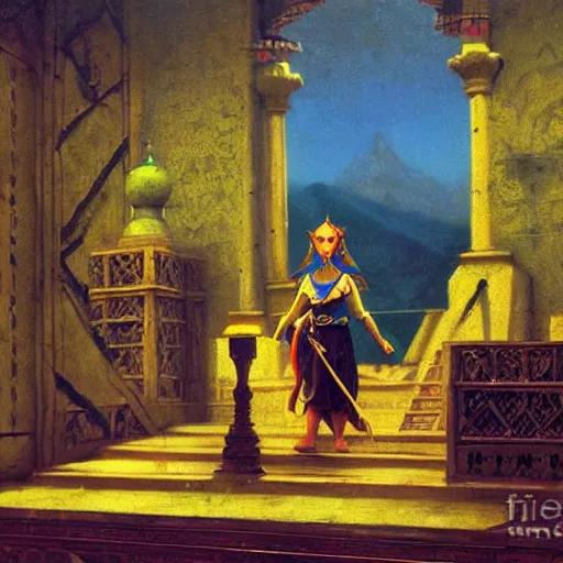 Image similar to hyrule palace, legend of zelda, by jean - leon gerome, orientalism painting