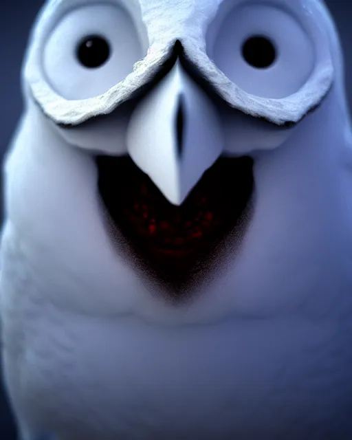 Prompt: closeup of a snow owls face, in the style of brian froud, digital art, unreal engine, volumetric lighting, dark moody lighting, post apocalyptic, 4 k