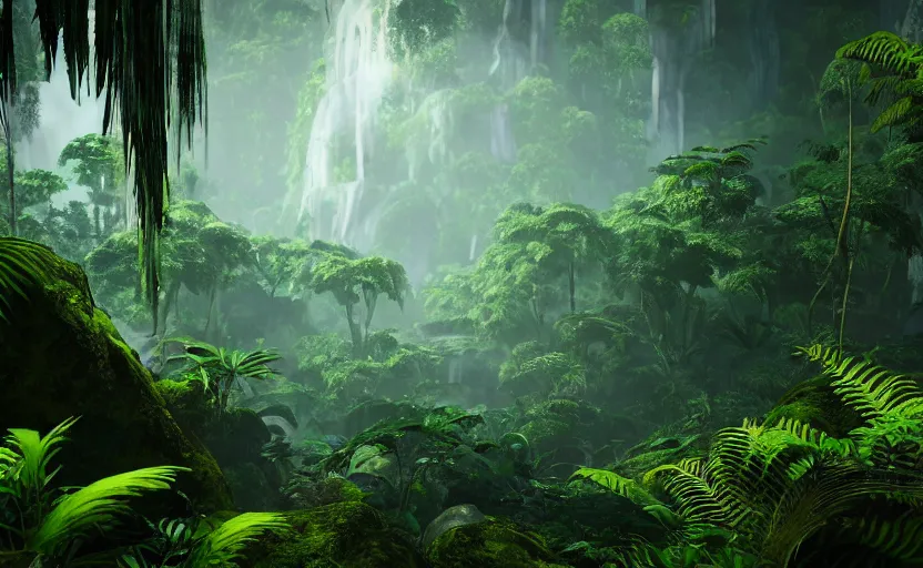 Image similar to a beautiful render of a dark prehistoric rainforest, lush flora, patches of sky, sunset, mountains and a waterfall in the background, intricate detail, hazy, humid, volumetric lighting, 8 k, photorealistic, raytracing effects, unreal engine 5