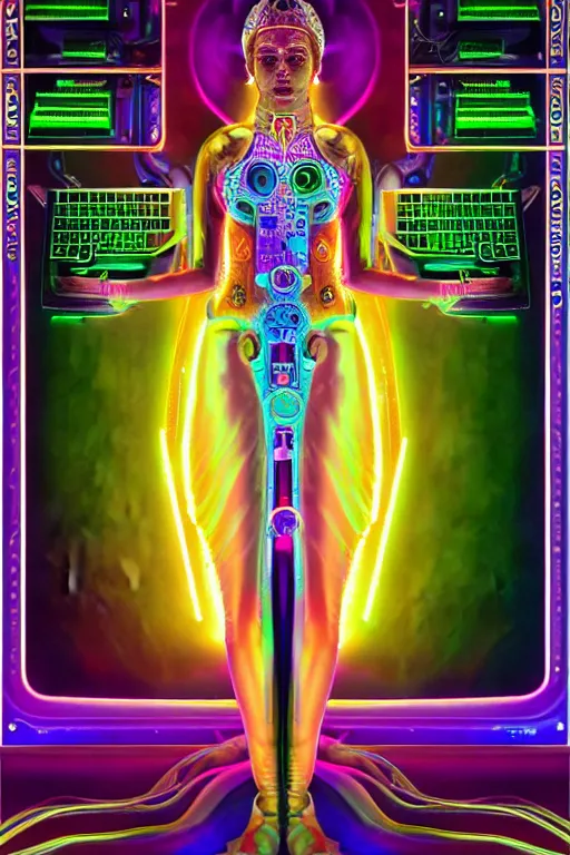 Prompt: max chroma goddess character concept fantasy hyperrealistic detailed movie cinematic scene in full color scientist gear steampunk colorscientist of color max chroma deity by max chroma, greg rutkowsky, android jones, alex grey, scifi electrical wires photograph of a computer chip