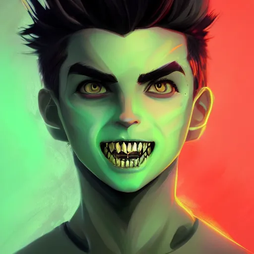 Prompt: a digital matte intricate face illustration concept art of young danny phantom with glowing green eyes and sharp teeth fangs alt art fashion inspired art by charlie bowater and wlop and mark arian and ross tran + neon colors, symmetry, intricate complexity, epic composition, magical atmosphere, highly detailed, cinematic lighting + masterpiece, trending on artstation + 8 k