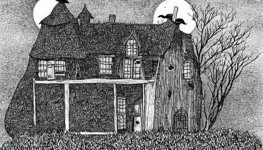 Image similar to a witch house on top of a lonely hill, illustration, pen on paper, by edward gorey