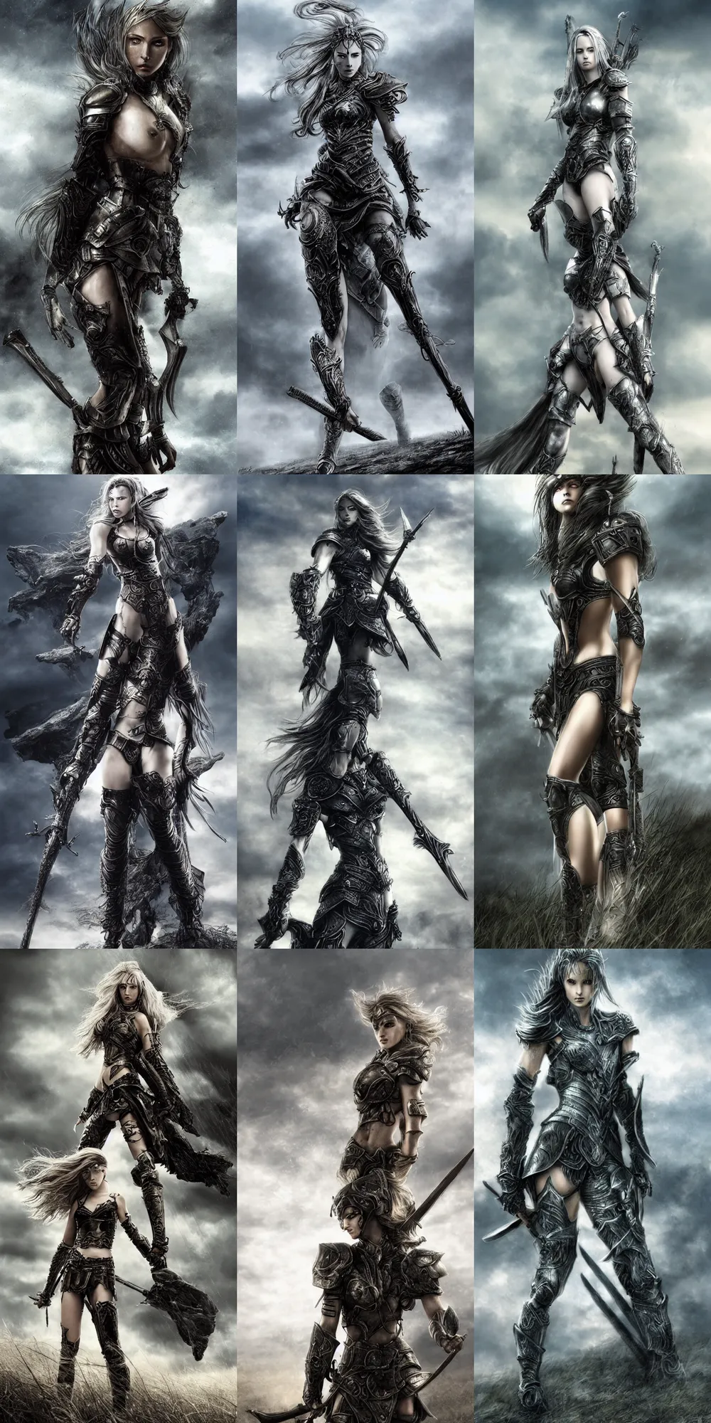 Prompt: young female warrior in light armor, standing on the field of battle, cloudy sky in background, in style of luis royo