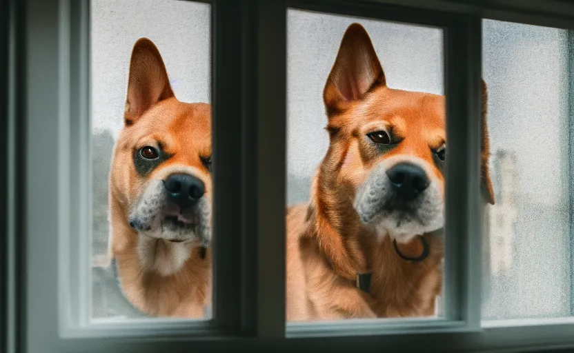 Image similar to a dog is looking out of a window, beautiful lighting, 8 k