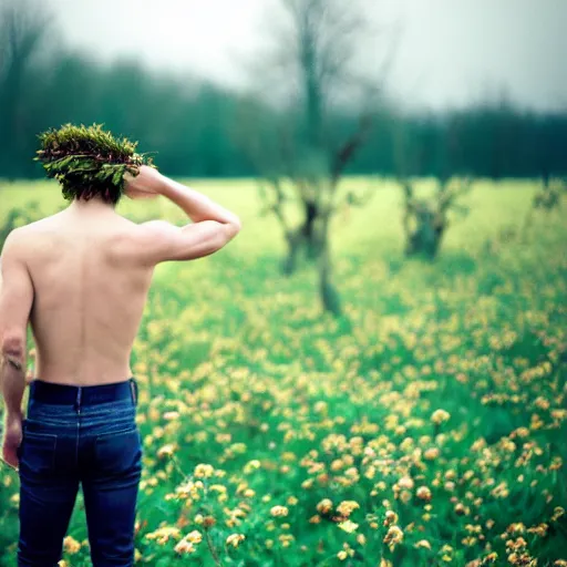 Image similar to kodak portra 1 6 0 photograph of a skinny guy standing in field of dead trees, flower crown, back view, moody lighting, moody vibe, telephoto, 9 0 s vibe, blurry background, tranquil, calm, faded!,