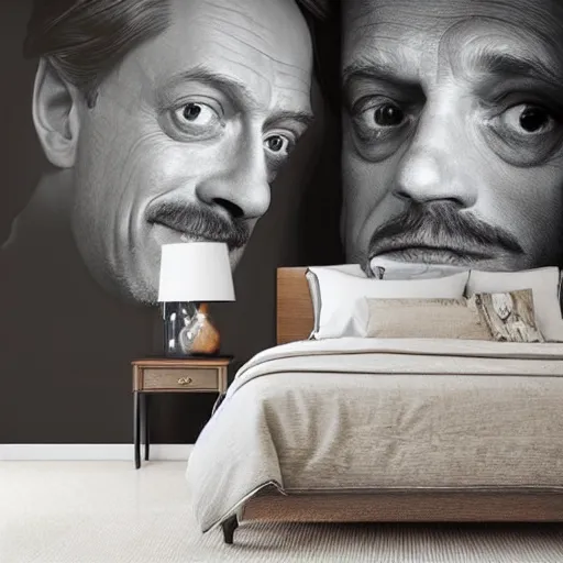 Prompt: a cozy bedroom interior with wall murals of steve buscemi, detailed, high resolution, wow!, intricate, volumetric lighting, raytracing