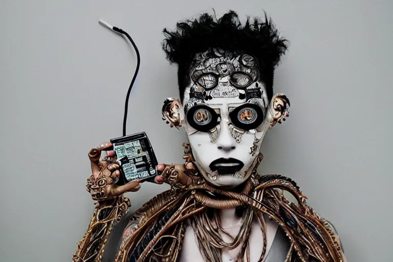 Prompt: stunning Rococopunk man_integrating_with_technology_full_face_insipiring_detailed_intricate_ornate_cables_connected_to_head_big_open_electric_eyes_ by Hironaka, Harumi