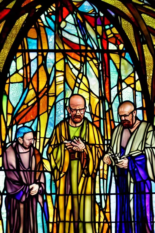 Prompt: still of glass work of walter white in stained glass, scene set in a church, biblical, mythological, by harvey littleton, by vera liskova, by lino tagliapietra, by dale chihuly, beautiful composition