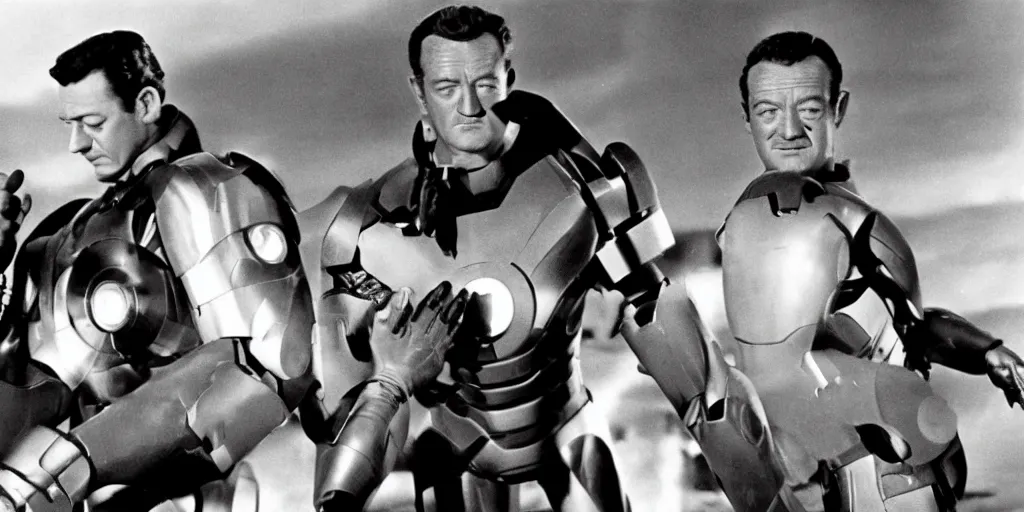 Image similar to Still from the movie Iron Man (1963) with David Niven as Iron Man and John Wayne as Captain America