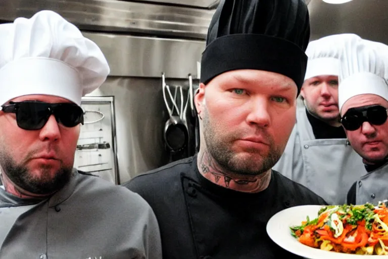 Prompt: fred durst from limp bizkit with a chef uniform on in a kitchen