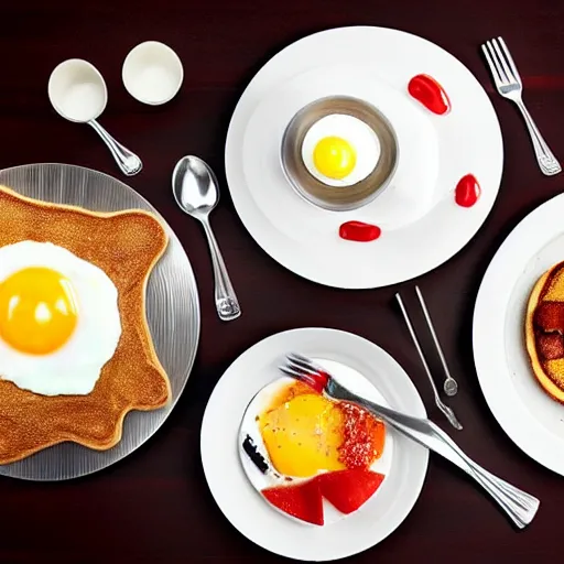 Image similar to American breakfast made of metal, breakfast food, dining table, metallic, food made of metal