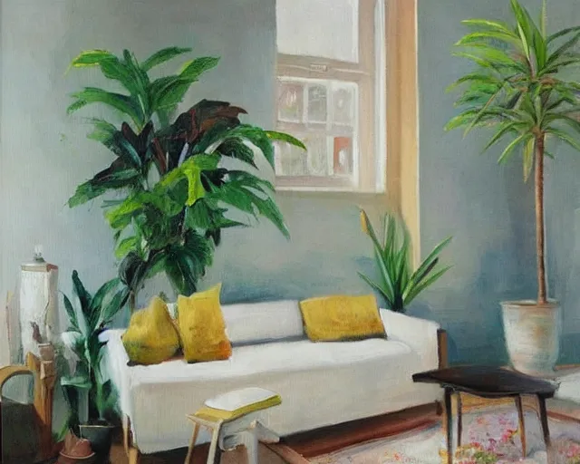Prompt: A warm painting of a room interior, calm, relaxing, cosy, warm light, warm color scheme, houseplants, fresh flowers, oil on canvas
