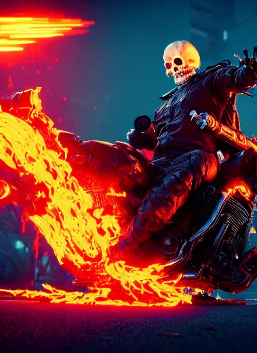 Image similar to epic wicked evil nasty filthy cyberpunk ghost rider, 8K, trending on ArtStation, vivid colors, grungy, photographic emulsion, horror masterpiece, cinematic lighting, still from dramatic action sequence, grattage