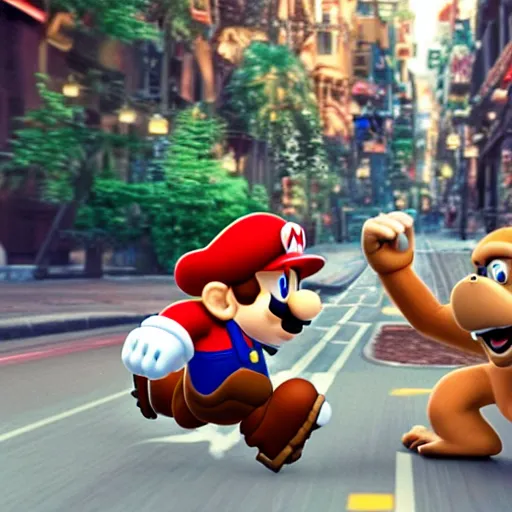 Image similar to a beautiful photo of mario fighting donky kong in the street, ultimate octane render, 8 k