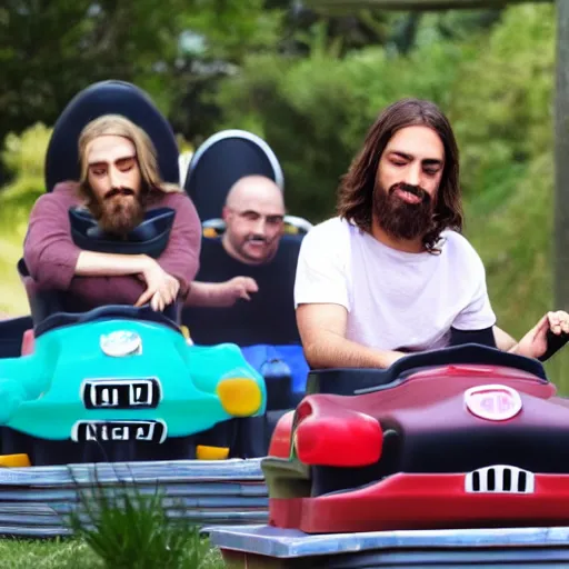 Prompt: Jesus in a bumper car enjoying his day off with the rest of apostles | photo