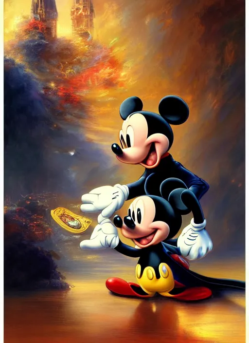 Prompt: A beautiful portrait of Mickey Mouse and Donald Trump, digital art by Eugene de Blaas and Ross Tran, vibrant color scheme, highly detailed, in the style of romanticism, cinematic, artstation, Greg rutkowski