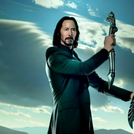 Prompt: film still of Keanu Reeves as Loki holding scepter in Avengers Endgame