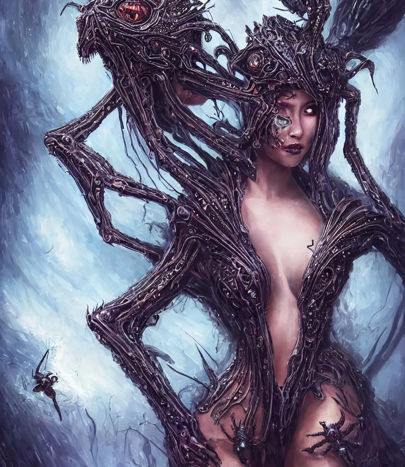 Image similar to close up portrait on the enchanting femenine queen of the zerg, hyper attractive, seductive, very complex, hyper-maximalist, overdetailed, legendary cinematic, darkfantasy, archetype with timeless beauty breathtaking eyes, her spider like legs spread evenly around her framing the image, collossal alien ship in the sky behind her, highly intricate, digital art, very elegant, HDR 8K, biblical art, realism, incomprehensible yet perspicious detail, unbeatable quality, silent hill aesthetic, photorealistic, lifelike, DSLR 8k, unbeatable coherency, Omnious intricate, octane render, created Nixeu & z--ed from deviantart
