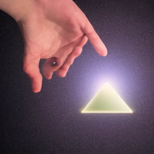 Prompt: an open hand facing up, a tiny glowing pyramid is floating slightly above the palm of the hand