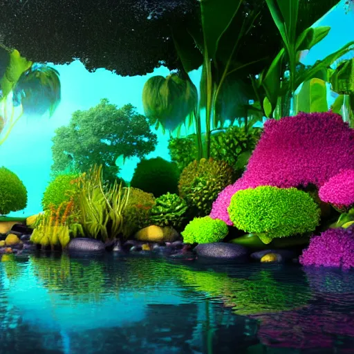 Prompt: vibrant glowing uderwater landscape with beautiful creatures and plants, 3d render