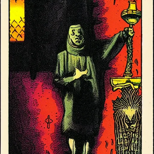 Prompt: the Magician in the Tarot deck designed by Richard Corben.