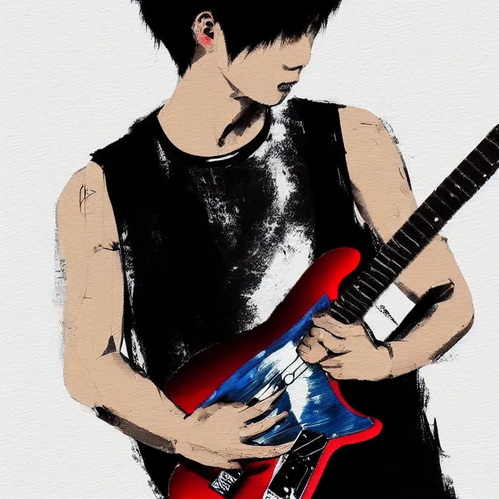 Image similar to a young korean male musician wearing black tank top holding a telecaster!!! electric guitar!! explodes in thick flowing dramatic brush strokes, matte colors, abstract, impressionist, motion, trending on artstation
