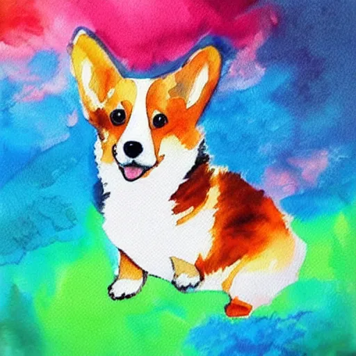 Prompt: a cute corgi puppy, watercolor painting, abstract, beautiful, explosion of color