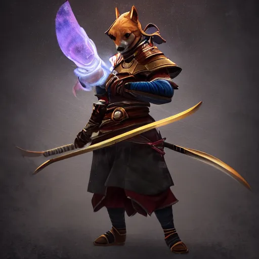 Image similar to shiba inu samurai warrior as a league of legends character, michael maurino, alex flores, paul kwon, cinematic, highly detailed, concept art, 3 d cgi, dramatic lighting, focus, smooth, heroic