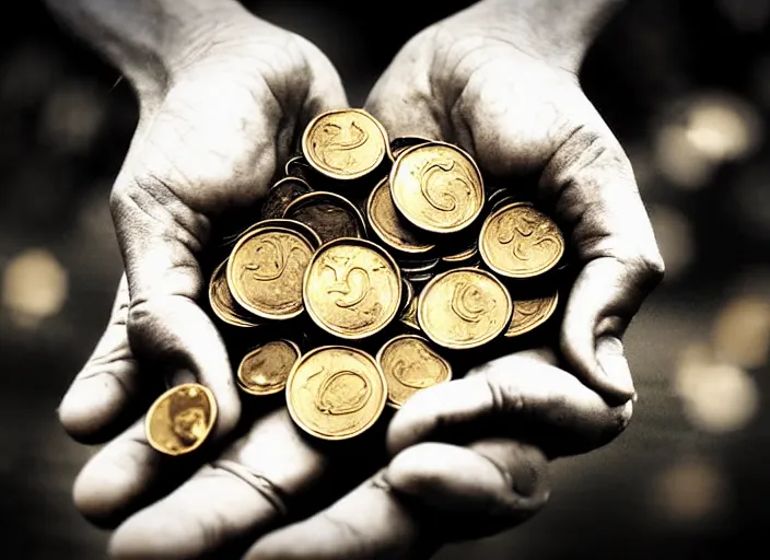 Image similar to old retro burnt out sepia photograph with scratches of an old and wrinkled hand holding a few golden coins with royal engravings. magical forest in the background with bokeh. Antique. High quality 8k. Intricate. Sony a7r iv 35mm. Award winning. Zdzislaw beksinski style