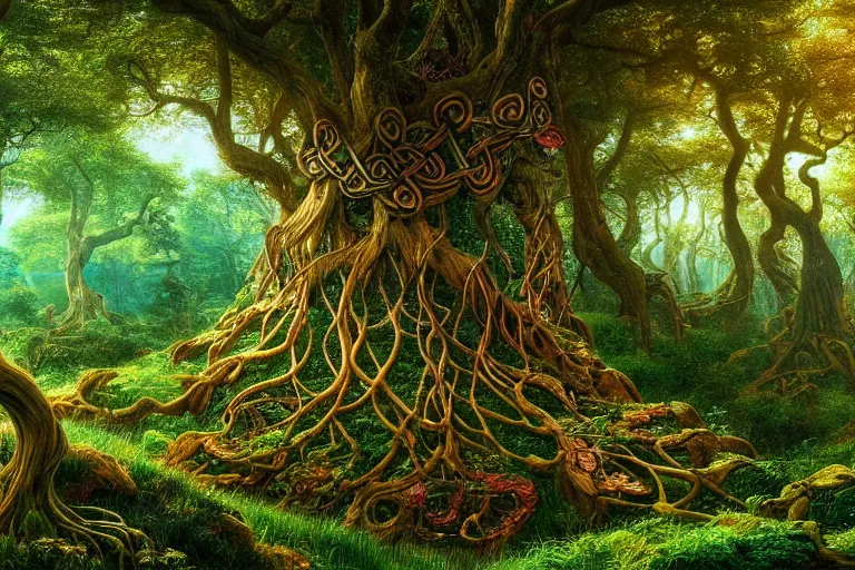 Image similar to a beautiful and highly detailed digital painting of a celtic elven tree in a lush forest, psychedelic patterns, celtic, intricate details, epic scale, 8 k, sharp focus, photorealism, artstation, cgsociety, by caspar friedrich, albert bierstadt, james gurney, brian froud,