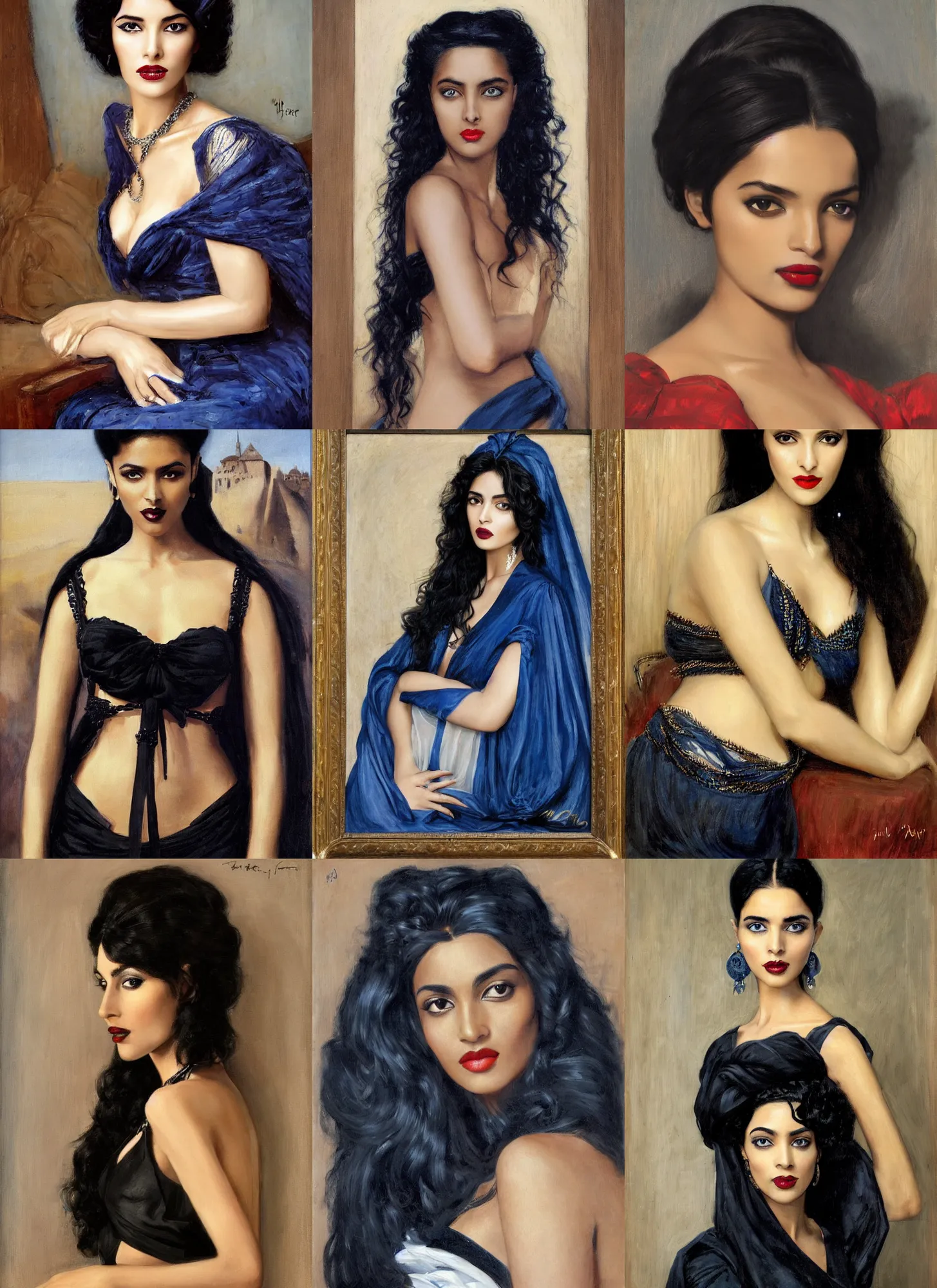 Prompt: african ameera al taweel, blue eyes, wavy black hair, seductive, beautiful by john maler collier