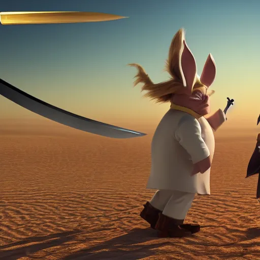 Image similar to cinematic shot of Donald Trump and Big Chungus having a sword fight in the sky in a desert, 8k, anime, highly detailed, highly intricate,