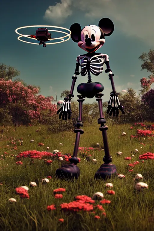 Image similar to a skeletal, mickey mouse made out of flowers and bones, walking with a robot, in the cyberpunk countryside, drones flying by beeple, nychos and arcimboldo, cinematic lighting, highly detailed octane render