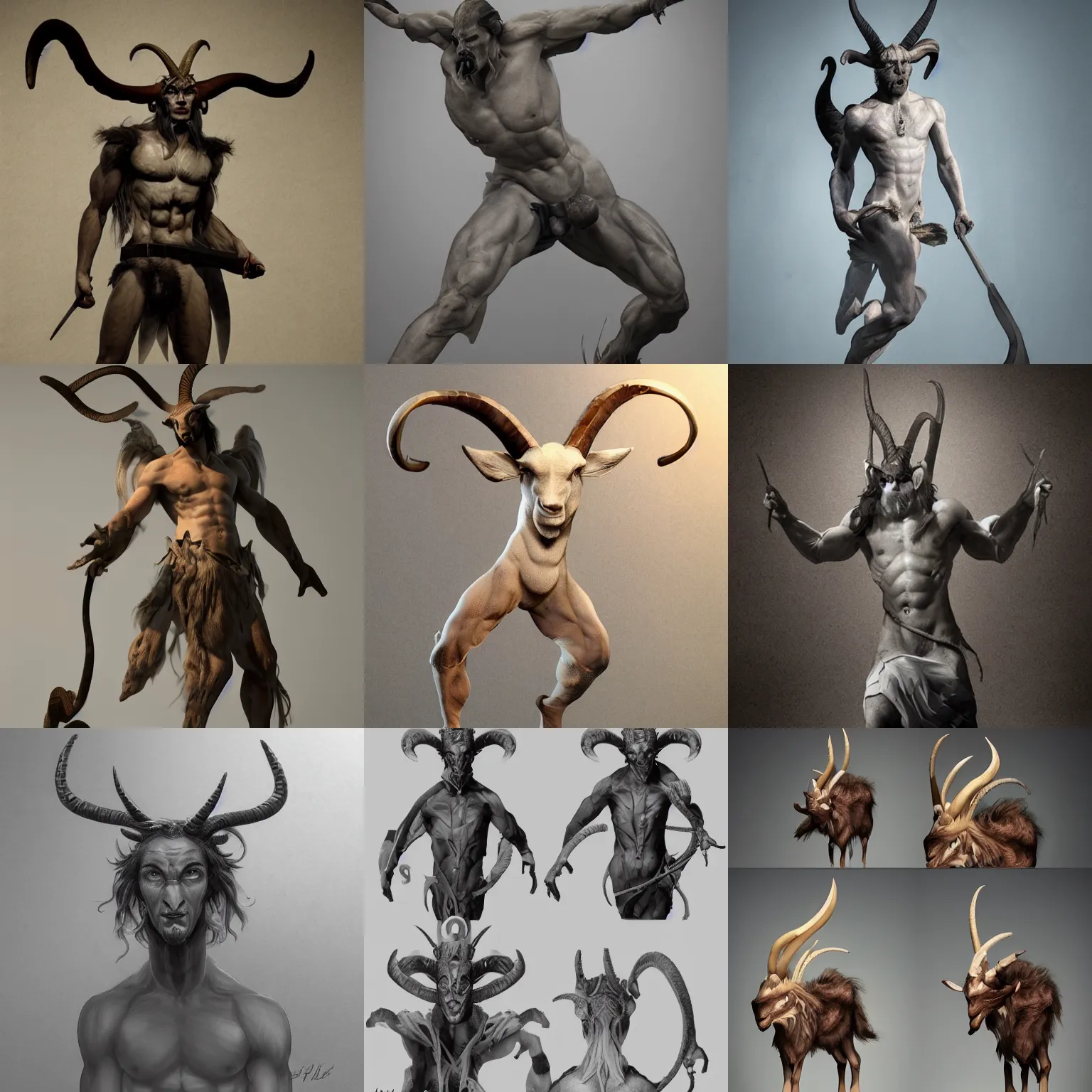 Prompt: studio photo of a dramatic lighting, greek mythology character design of a satyr trending on artstation. goat horns, horned character,
